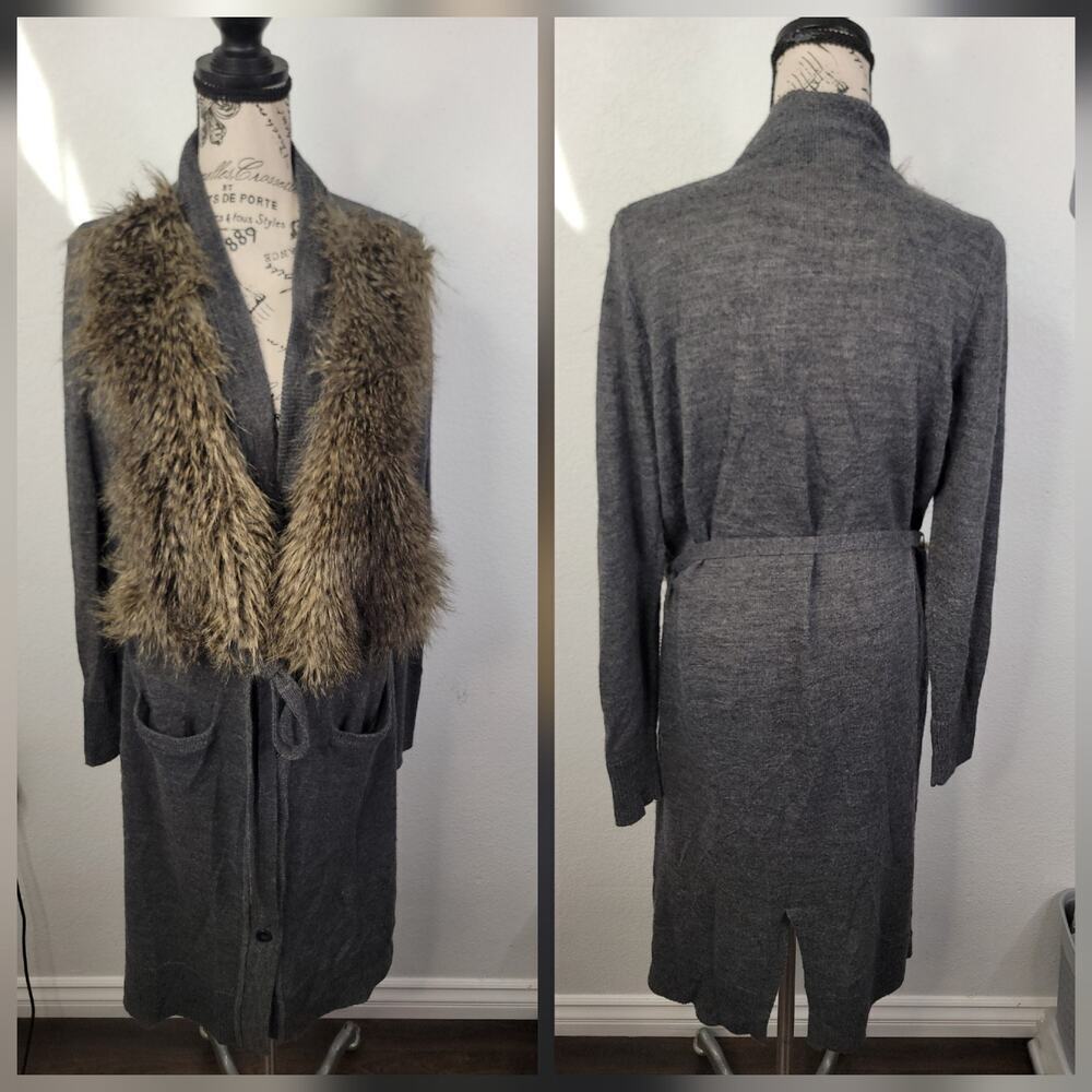 Ann Taylor Duster Cardigan SZ L Faux Fur Sweater Wool Alpaca Gray Belted Pockets